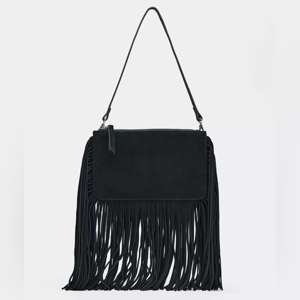 ZARA Leather Fringed Crossbody Bag - Black